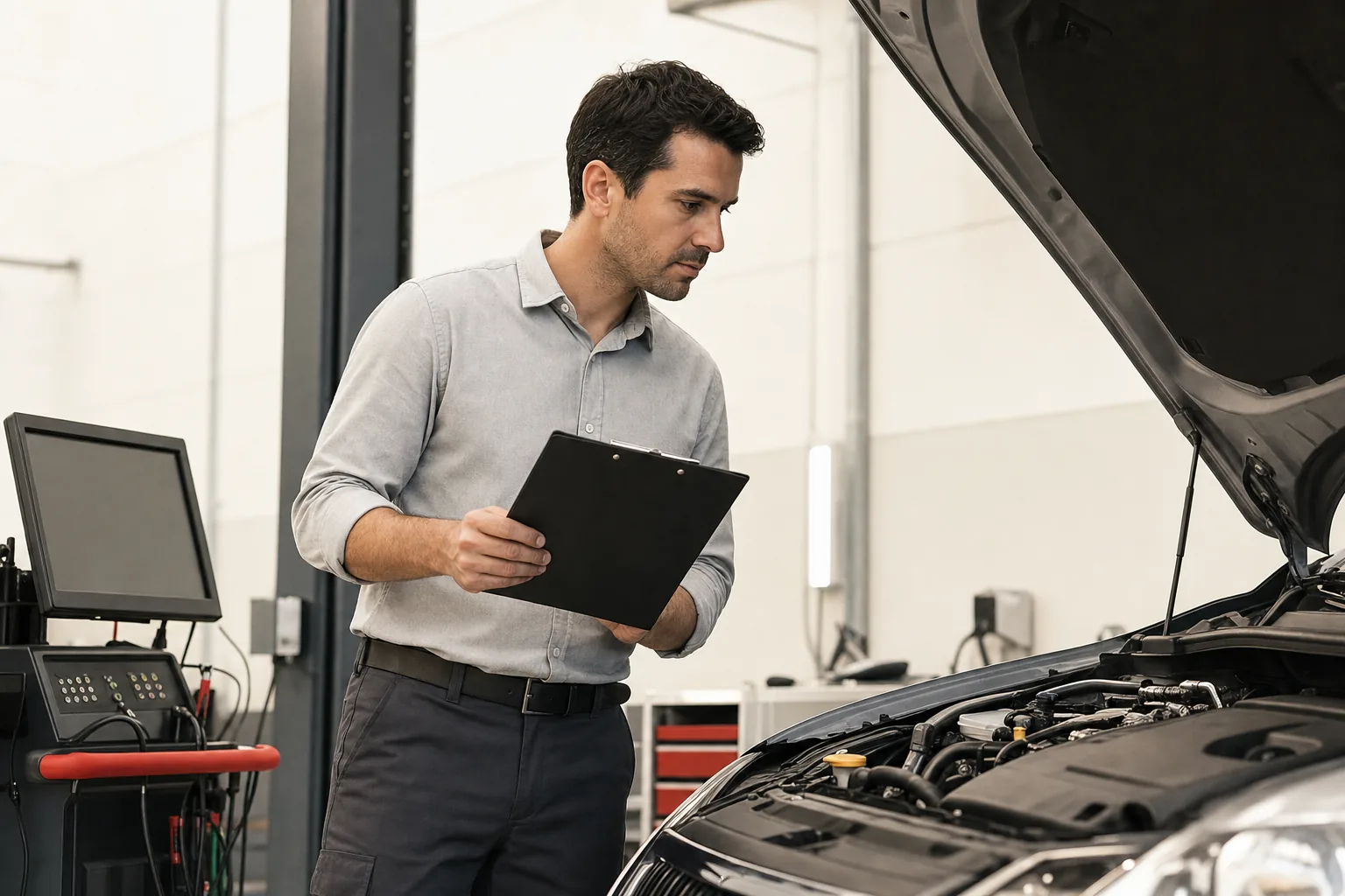 Redakteur dokumentiert Fahrzeugdiagnose mit Checkliste in der Werkstatt, Bild 1200x800 Pixel