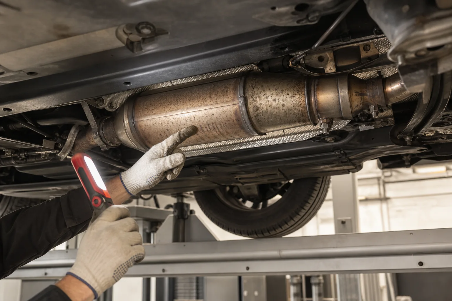 Dieselpartikelfilter unter dem Fahrzeugboden bei Inspektion, Vorschaubild 1200x675 Pixel