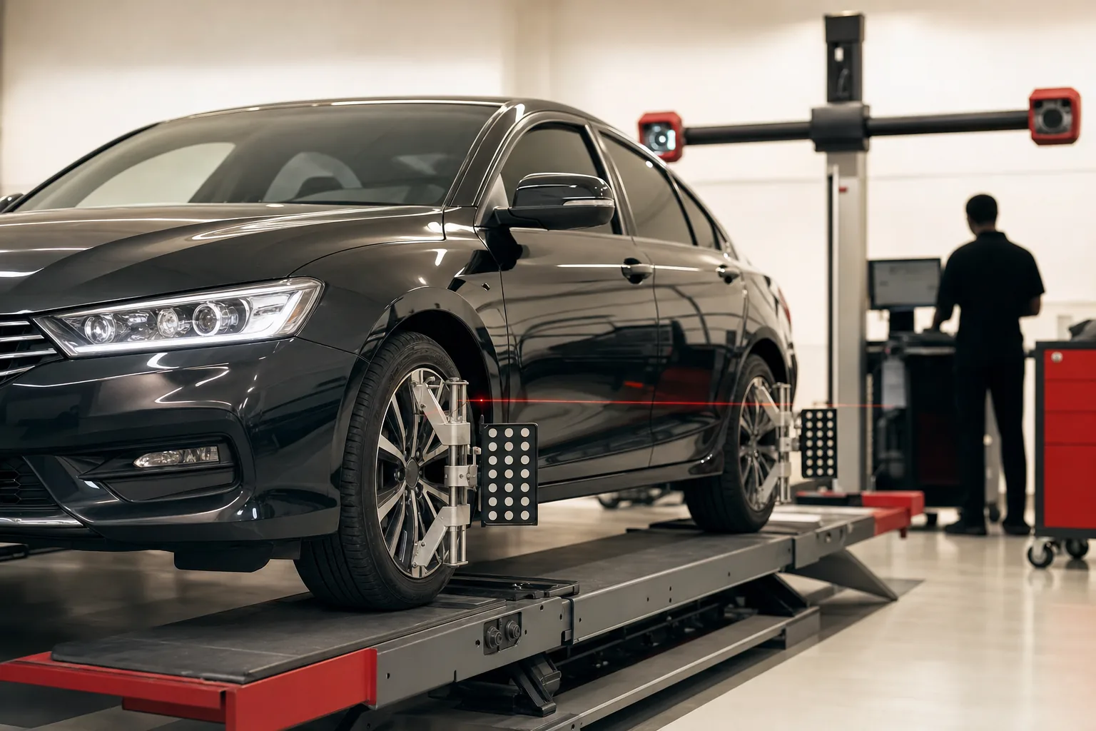 Fahrzeug auf Achsvermessungs-Prüfstand in der Werkstatt, Vorschaubild 1200x675 Pixel